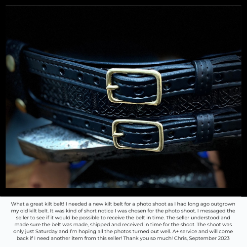 Double Buckle Kilt Belt, Black Leather, Celtic Knot Design