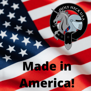 American flag with Made in America text and Holy Heck Logo