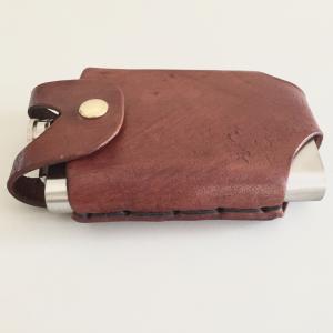 Brown Hip Flask Holder for Belt with Brass Snap Closure