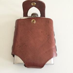 Brown Hip Flask Holder for Belt with Brass Snap Closure