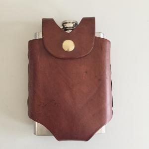 Brown Hip Flask Holder for Belt with Brass Snap Closure