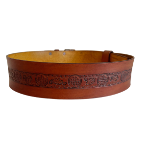 Back view of brown leather double buckle belt with Celtic knot