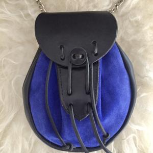 Front View of Blue Suede and Black Leather Rob Roy Style Sporran