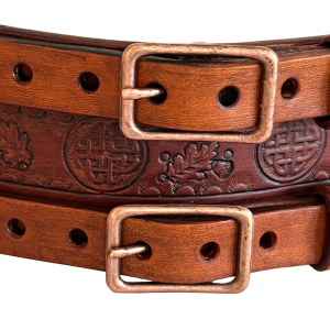 Front view of brown leather double buckle belt with Celtic knot, detail