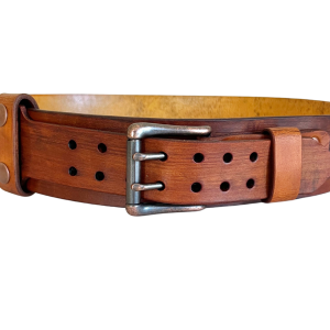 Wide leather Belt front displaying double prong antique copper buckle