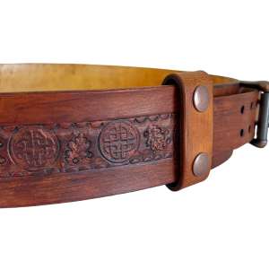 Wide leather Belt left side displaying Celtic knots and snap keeper