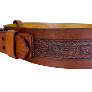 Wide leather Belt right side displaying buckle strap keeper and Celtic knots