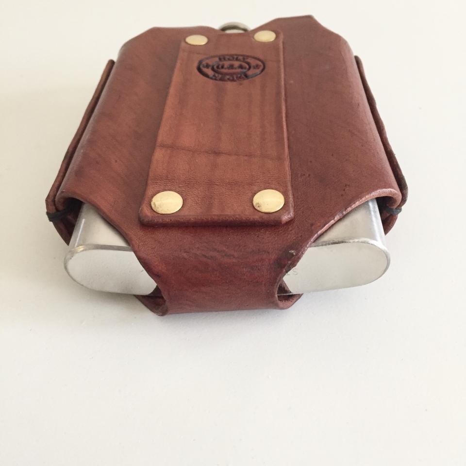 Brown Hip Flask Holder for Belt with Brass Snap Closure