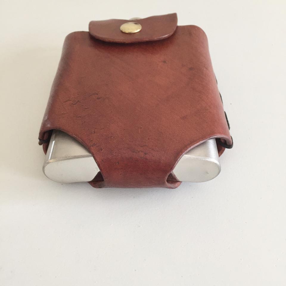 Brown Hip Flask Holder for Belt with Brass Snap Closure