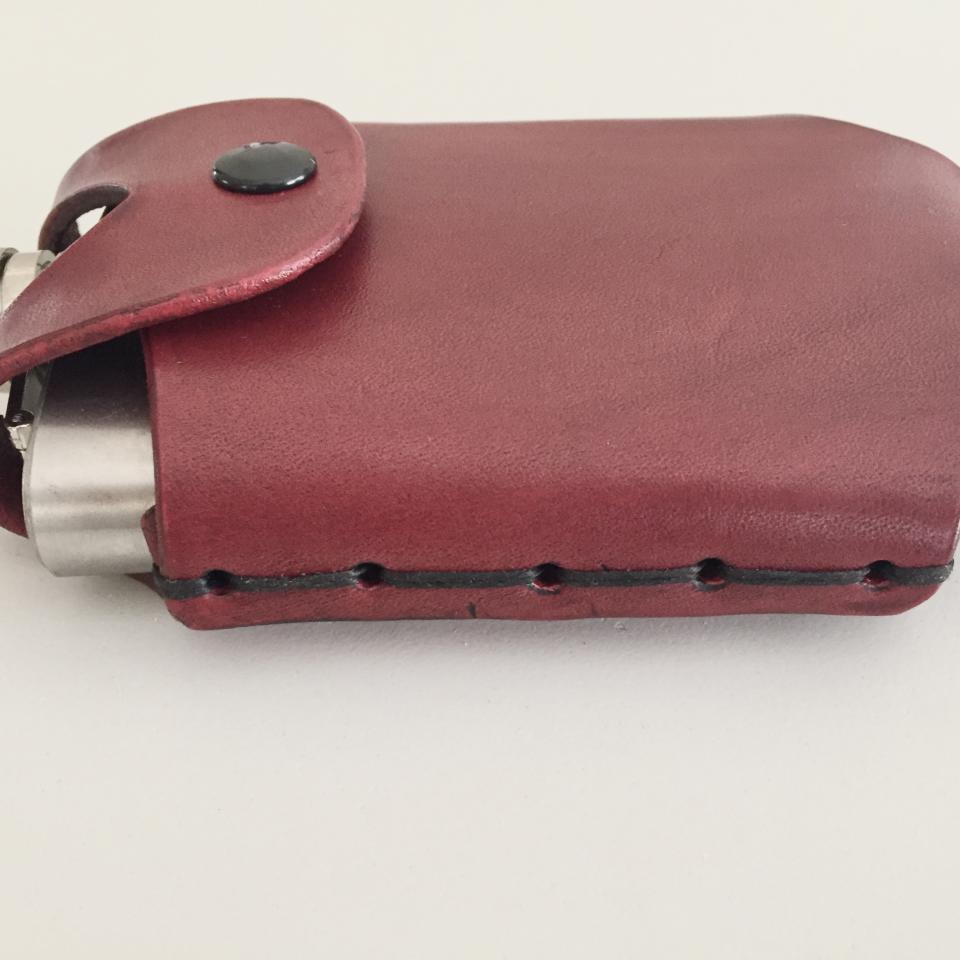 Red Hip Flask Holder for Belt with Black Snap Closure