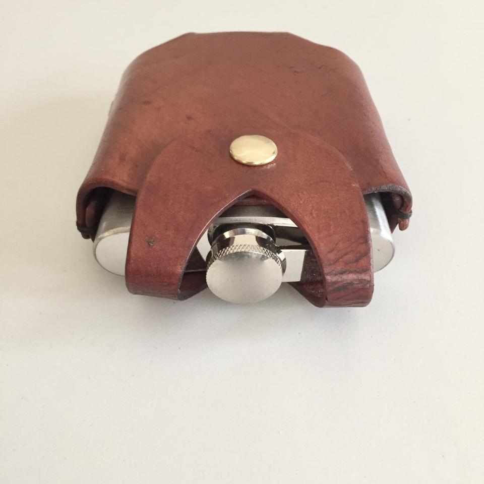 Brown Hip Flask Holder for Belt with Brass Snap Closure