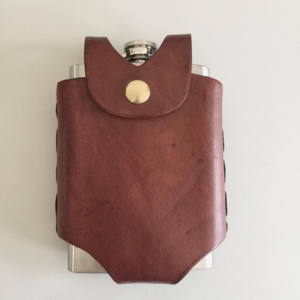 Brown Hip Flask Holder for Belt with Brass Snap Closure