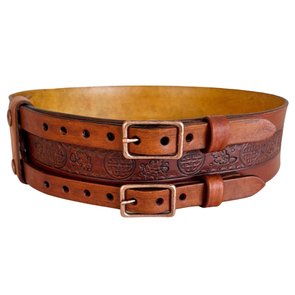 Front view of brown leather double buckle belt with Celtic knot