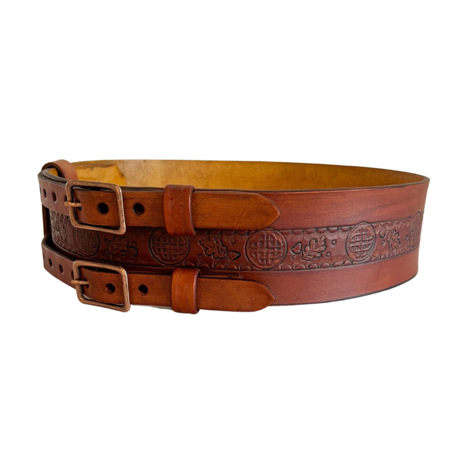Right front view of brown leather double buckle belt with Celtic knot