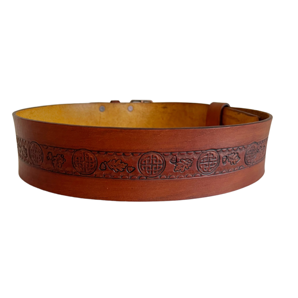 Back view of brown leather double buckle belt with Celtic knot