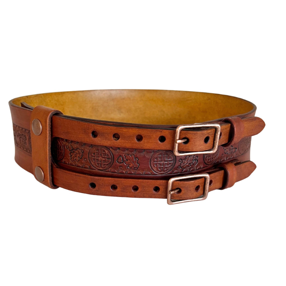 Left front view of brown leather double buckle belt with Celtic knot