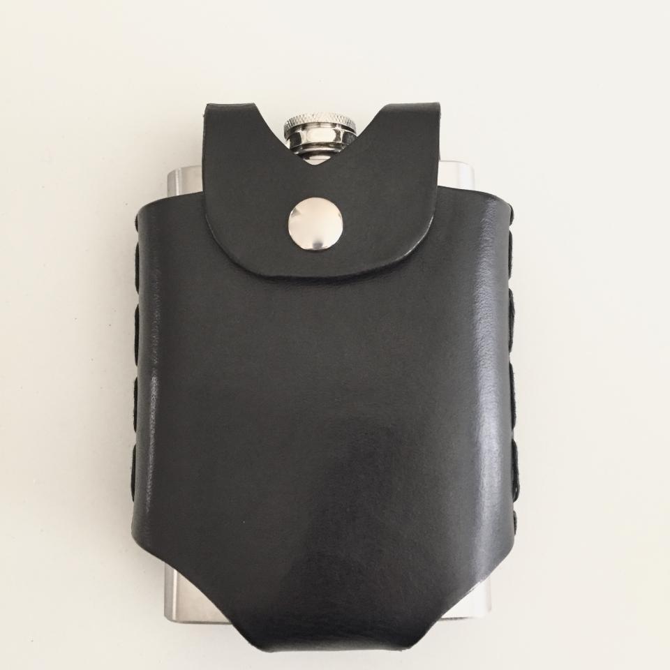 Black Hip Flask Holder for Belt with Nickel Snap Closure