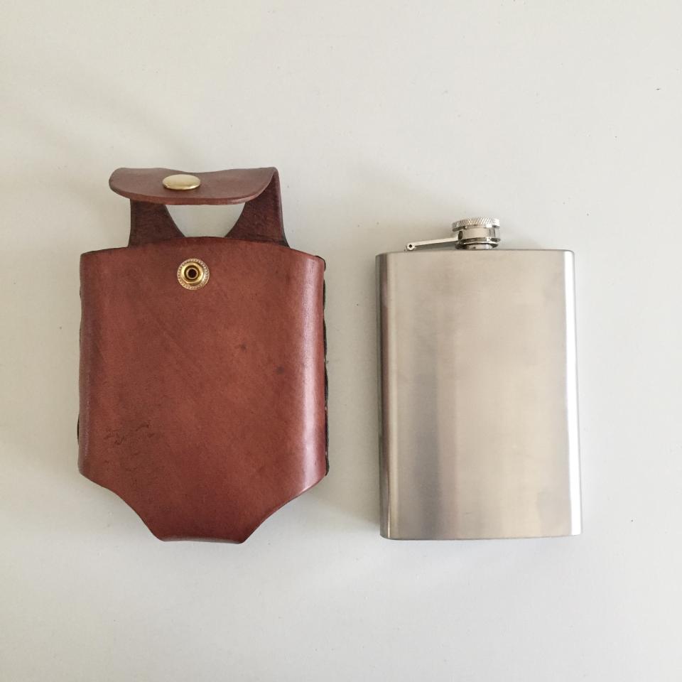 Brown Hip Flask Holder for Belt with Brass Snap Closure