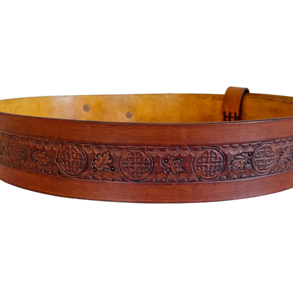 Wide leather Belt back side displaying Celtic knots and oak leaves