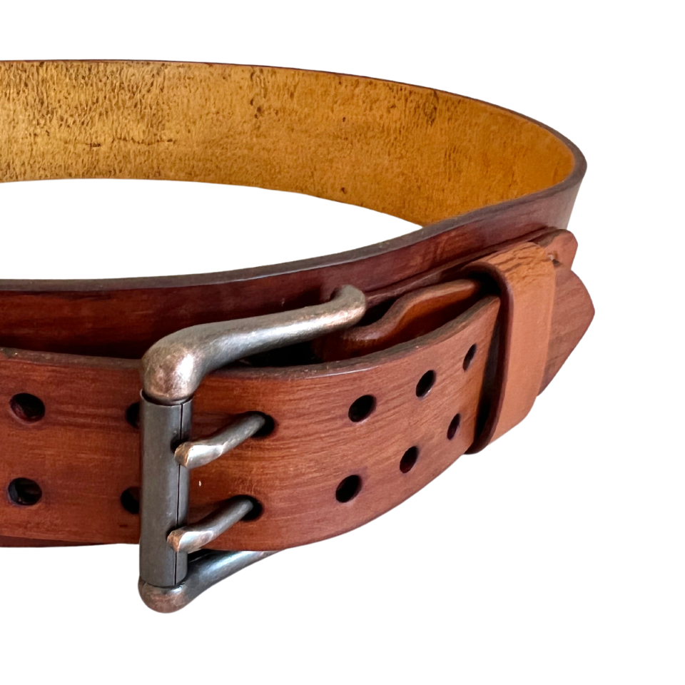 Wide leather Belt left front displaying double prong antique copper buckle