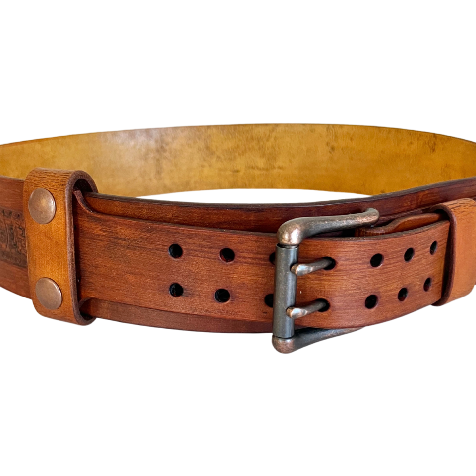 Wide leather Belt left front displaying double prong antique copper buckle