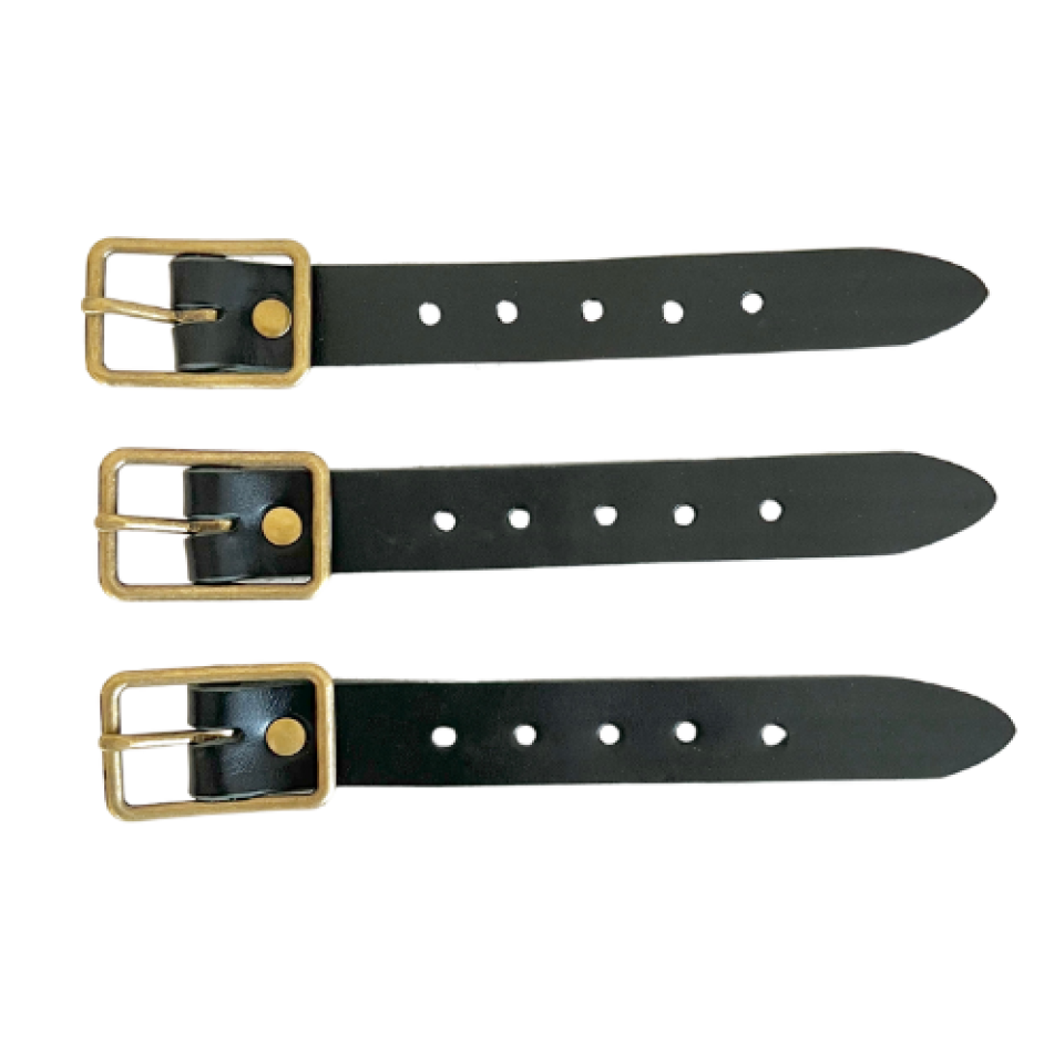 Kilt Buckle Strap Extenders for Tight Kilts, Black Leather, Various Widths, Antique Brass