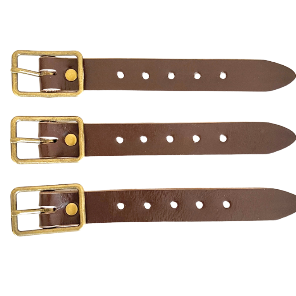 Kilt Buckle Strap Extenders for Tight Kilts, Dark Brown Leather, Various Widths, Antique Brass