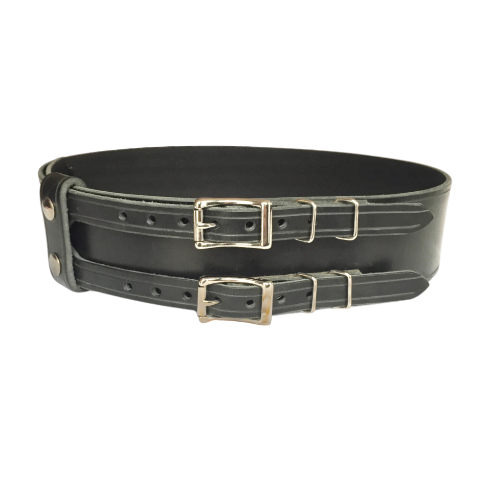 Kilt Belt Double Buckle with Metal Keepers, Black Leather